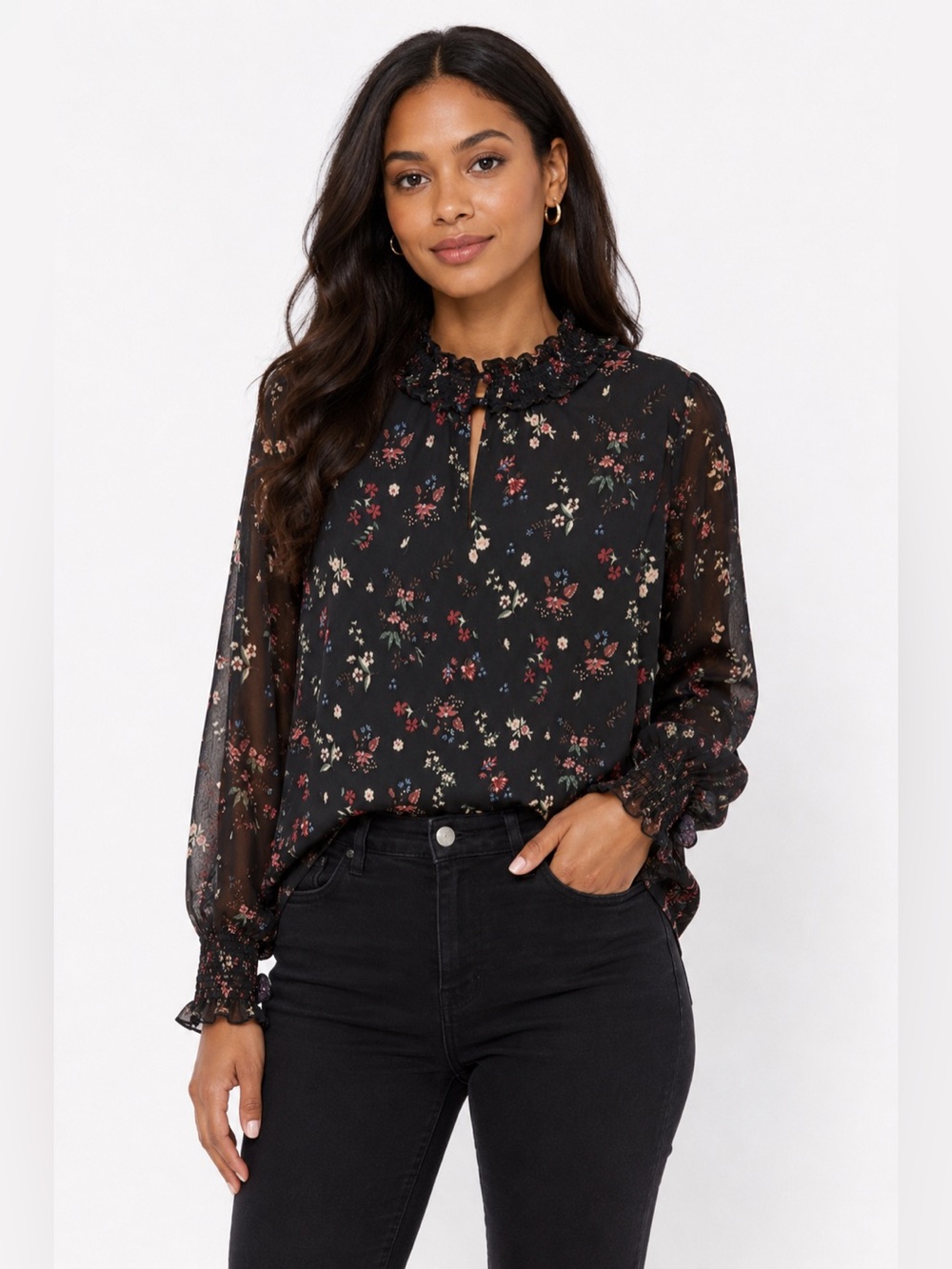 Sanctuary Sheer Floral Ruffle Neck Blouse Black Size Small